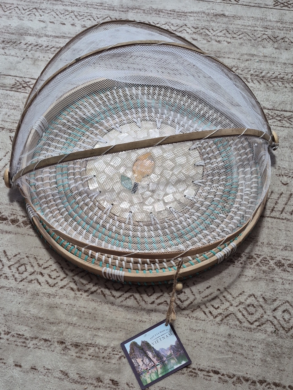 Handwoven Bamboo Serving Tray with Mesh Cover - Natural & Teal